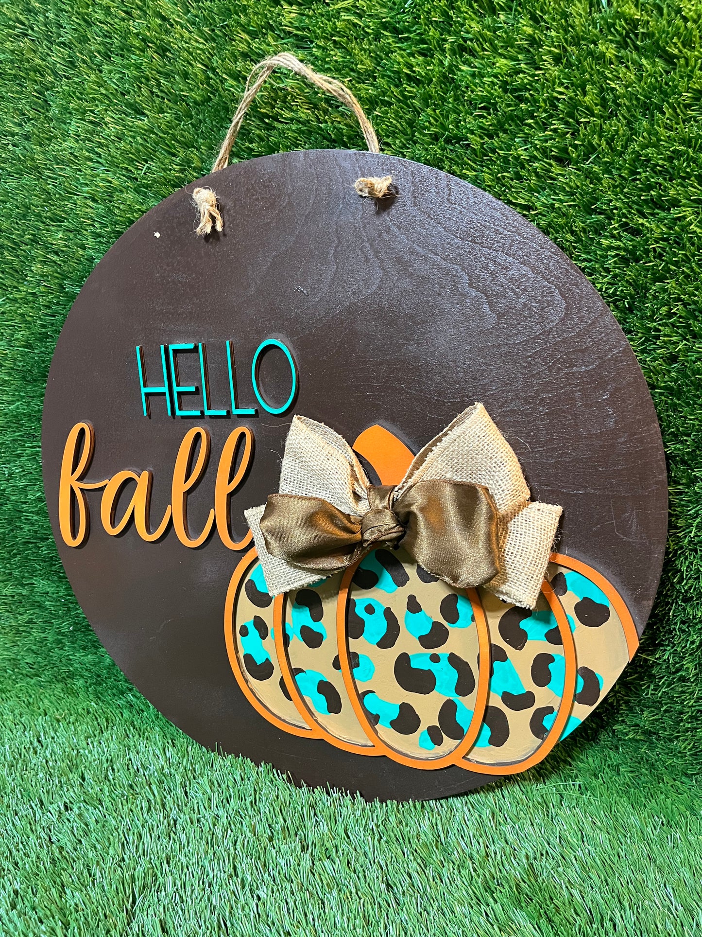 Hello Fall leopard pumpkin- Door Hanger