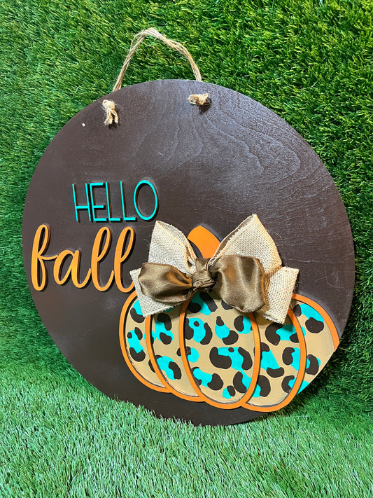 Hello Fall leopard pumpkin- Door Hanger
