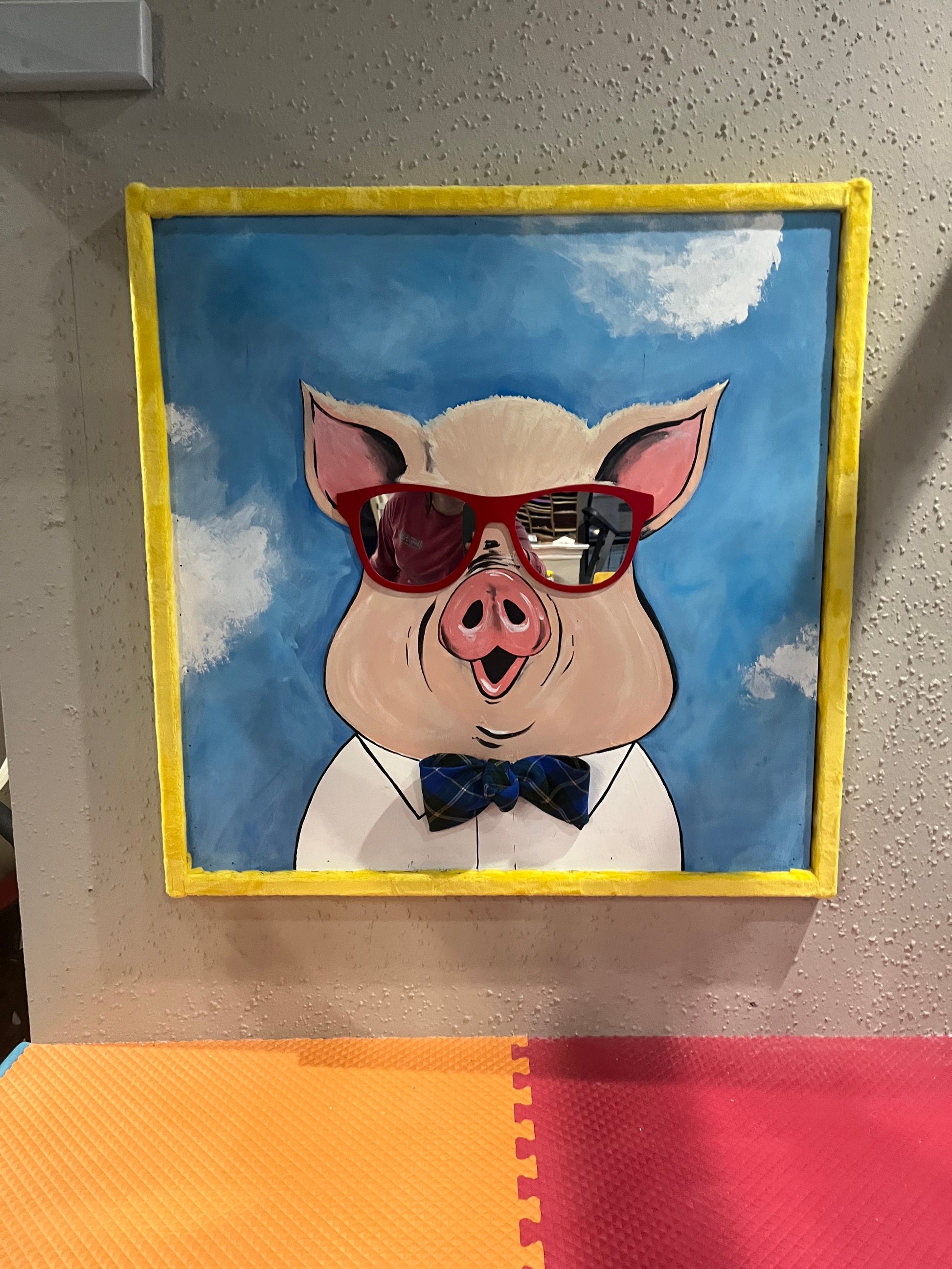 interactive piece 1: this pig has mirrored glasses and a real bow tie for kids to interact with during therapy sessions.