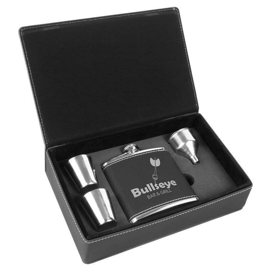 Custom Engraved Flask Gift Set (leatherette wrapped)